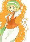  :d arm_behind_head bag bel_(pokemon) blonde_hair breasts character_name commentary_request cuzuc0 dress green_eyes green_hat handbag hat looking_at_viewer medium_hair open_mouth orange_background pokemon pokemon_(game) pokemon_bw short_hair simple_background small_breasts smile solo standing white_dress 