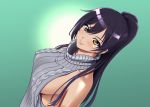  backless_dress backless_outfit bangs bare_arms bare_shoulders black_hair blush breasts dress earrings eyebrows_visible_through_hair from_above idolmaster idolmaster_shiny_colors jewelry kijinaka_mahiro large_breasts long_hair looking_at_viewer meme_attire ponytail ribbed_sweater shirase_sakuya sideboob solo sweater sweater_dress turtleneck turtleneck_sweater virgin_killer_sweater yellow_eyes 