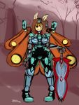  2017 anthro armor arthropod biped breasts brown_hair clothed clothing detailed_background digital_media_(artwork) digital_painting_(artwork) dirtyscoundrel fantasy female front_view hair insect markings melee_weapon moth orange_wings outside pose signature solo standing sword tree weapon windmill wings yellow_eyes yellow_markings 