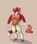  anthro canine clothed clothing d.angelo female fox fur hair looking_at_viewer mammal muscular muscular_female signature simple_background solo standing 