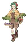  1girl apple applin basket blonde_hair boots braid brown_boots brown_shorts food fruit full_body green_eyes green_hair green_jacket green_shirt green_socks hair_ornament hairclip headscarf highres holding holding_basket jacket long_hair looking_at_viewer multicolored_hair pokemon pokemon_(creature) red_headscarf red_ribbon ribbon shirt shorts simple_background sleeves_past_fingers sleeves_past_wrists smile socks standing two-tone_hair white_background wulie_errr 