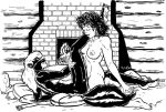  2018 anthro breasts cherise_chevron curly_hair duo ear_piercing eyes_closed female female/female fire fireplace fur hair hand_on_thigh human human_on_anthro inside interspecies kneeling lying mammal navel nipples on_back open_mouth open_smile piercing pillow raised_leg sex side_boob skunk smile striped_fur stripes style_wager tribadism 