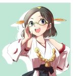  :d adjusting_eyewear aqua_background bare_shoulders black_hakama blue_eyes blush brown_hair collarbone eyebrows_visible_through_hair glasses green-framed_eyewear hakama hand_on_hip headgear japanese_clothes kantai_collection kato_(mogumoguokome) kimono kirishima_(kantai_collection) long_sleeves nontraditional_miko open_mouth ribbon-trimmed_sleeves ribbon_trim round_teeth short_hair shoulder_cutout smile solo tareme teeth two-tone_background upper_body white_kimono 