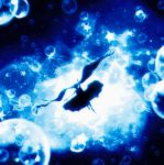  bad_id bad_pixiv_id blue blurry bubble commentary_request dress falling from_behind harada_miyuki hatsune_miku highres leg_up light_particles long_hair monochrome outstretched_arm shinkai_shoujo_(vocaloid) silhouette sinking solo star twintails underwater very_long_hair vocaloid 