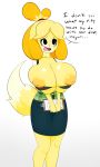  2018 absurd_res animal_crossing anthro areola big_breasts black_eyes blonde_hair breasts canine clipboard clothed clothing dialogue dog english_text female hair hi_res holding_object huge_breasts inverted_nipples isabelle_(animal_crossing) mammal nintendo nipples open_mouth shih_tzu shmeepo simple_background solo text video_games 