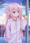  absurdres ahoge bangs blurry blush branch collared_shirt commentary depth_of_field eyebrows_visible_through_hair food hair_ribbon hand_in_pocket hand_up highres holding holding_food hood hoodie ice_cream ice_cream_cone long_hair looking_at_viewer megumi_(sasatabekung) necktie orange_neckwear original pink_hair pink_shirt purple_eyes ribbon sasatabekung self_upload shirt single_scoop sky solo tassel two_side_up waffle_cone white_ribbon wing_collar 