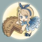  1girl aqua_border back_bow bare_arms bare_shoulders beads bener56949 beret blonde_hair blue_bow blue_dress blue_eyes blue_shoes blue_sleeves blush_stickers border bow bubbly_voyage_(infinity_nikki) chibi chinese_commentary circle_skirt commentary_request commission detached_sleeves dress footwear_bow frilled_dress frilled_sleeves frills grey_hat hair_ornament hairclip happy hat hat_bow hat_ornament infinity_nikki leaning_forward looking_at_viewer medium_dress mooncake nikki_(series) open_mouth outside_border oversized_food oversized_object pleated_dress rabbit_hair_ornament round_border sample_watermark shadow shoes short_hair_with_long_locks short_sleeves sidelocks smile solo star_(symbol) star_hat_ornament strapless strapless_dress striped_bow swept_bangs watermark yellow_background 