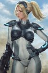 2018 artist_name blonde_hair blue_sky bodysuit boobplate breastplate breasts cloud commentary covered_navel cowboy_shot english_commentary floating_hair goggles goggles_on_head green_eyes grey_bodysuit gun hand_on_hip highres holding holding_gun holding_weapon large_breasts lips looking_away looking_to_the_side makeup mascara medium_hair nose nova_(starcraft) outdoors parted_lips ponytail realistic sciamano240 short_ponytail shoulder_armor sidelocks signature sky solo standing starcraft weapon wind 
