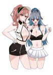 2girls azur_lane blue_hair breasts cleavage clemenceau_(azur_lane) clemenceau_(splendid_breeze)_(azur_lane) closed_mouth gloves hand_on_another's_waist hand_on_own_hip high_ponytail highleg highleg_panties highres large_breasts long_hair looking_at_viewer marco_polo_(azur_lane) multiple_girls navel official_alternate_costume open_mouth panties pink_hair ponytail red_eyes simple_background smile stomach tsuchi_(xger4434) underwear white_background white_gloves white_panties 