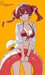  1girl bikini blush breasts cleavage collarbone covered_navel dr._junyaman heterochromia highres hololive houshou_marine inflatable_toy long_hair purple_eyes red_bikini red_eyes shirt side-tie_bikini_bottom small_breasts smile standing stomach swimsuit thigh_gap twintails unbuttoned unbuttoned_shirt white_shirt yellow_background 