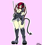  2016 5_fingers armor black_tail blue_eyes breasts cleavage clothed clothing demon dirtyscoundrel female fingers front_view grey_clothing grey_topwear hair holding_object holding_sword holding_weapon horn laila_(vosur) light_skin melee_weapon multicolored_wings one_eye_closed purple_background purple_horn red_hair signature simple_background solo spade_tail standing succubus sword topwear two_tone_wings weapon wide_hips wings 