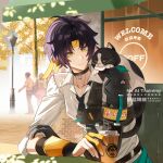  1boy 5others absurdres animal_on_shoulder armband armor asaba_harumasa asymmetrical_gloves black_gloves black_hair black_necktie cafe cat cat_on_shoulder choker clothes_around_waist coffee collarbone cup drink gloves half_gloves headband highres lamppost looking_at_viewer mismatched_gloves multiple_others naru9 necktie outdoors people shirt short_hair shoulder_armor single_half_glove sleeves_rolled_up smile tree white_shirt wristband yellow_eyes yellow_gloves yellow_headband zenless_zone_zero 