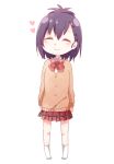  ^_^ bafarin cardigan closed_eyes commentary_request full_body gabriel_dropout heart highres no_shoes purple_hair red_neckwear school_uniform simple_background smile socks solo tsukinose_vignette_april white_background white_legwear 