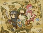  blonde_hair bodysuit cape commentary_request dragon_quest dragon_quest_ii goggles goggles_on_head goggles_on_headwear hood long_hair map multiple_boys prince_of_lorasia prince_of_samantoria princess_of_moonbrook purple_hair sarai_gsk shield short_hair slime_(dragon_quest) spiked_hair sword weapon white_robe 