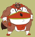  a-side balls belly bulge canine cape clothed clothing male mammal moobs musclegut navel nipples outie outie_navel partially_clothed smile solo tanuki 