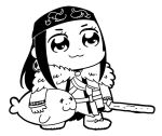  :3 ainu ainu_clothes animal asirpa bandana bkub boots cape child clenched_hand earrings fur_boots fur_cape golden_kamuy greyscale holding holding_animal holding_staff hoop_earrings jewelry long_hair monochrome sheath simple_background smile solo staff two_side_up walrus white_background 