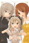  :d ari_(ari_stotle0) artist_name bandages bangs black_sweater blue_eyes boko_(girls_und_panzer) brown_eyes brown_hair cast casual closed_mouth commentary_request cover cover_page dress eyebrows_visible_through_hair girl_sandwich girls_und_panzer head_tilt highres holding holding_stuffed_animal itsumi_erika light_brown_hair long_hair long_sleeves looking_at_viewer multiple_girls nishizumi_miho novel_cover open_mouth ribbed_sweater sandwiched shimada_arisu shirt short_hair side-by-side side_ponytail silver_hair smile standing stuffed_animal stuffed_toy sweater teddy_bear translation_request turtleneck upper_body white_shirt yellow_dress 