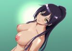  bangs black_hair blush breasts collarbone commentary_request earrings eyebrows_visible_through_hair from_above idolmaster idolmaster_shiny_colors jewelry kijinaka_mahiro large_breasts long_hair looking_at_viewer nipples nude ponytail shirase_sakuya solo yellow_eyes 