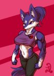  anthro breasts canine clothed clothing d.angelo female hair makeup mammal mascara muscular muscular_female navel simple_background solo standing wide_hips 