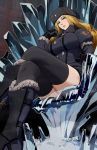  black_gloves black_legwear blonde_hair boots breasts commentary_request crossed_legs fur_hat fur_trim gloves hat ice ishii_takamori kolin large_breasts long_hair looking_at_viewer sitting solo street_fighter street_fighter_v thighhighs throne ushanka 