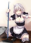  ahoge alternate_costume apron blonde_hair blush breasts cleavage dress enmaided fate/grand_order fate_(series) frills garter_straps highres iriehana jeanne_d'arc_(alter)_(fate) jeanne_d'arc_(fate)_(all) looking_at_viewer maid maid_apron maid_headdress medium_breasts puffy_short_sleeves puffy_sleeves short_sleeves solo sweatdrop thighhighs waist_apron white_legwear wrist_cuffs yellow_eyes 