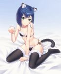  animal_ears bed_sheet black_bra black_legwear black_panties blue_hair bra bracelet breasts cat_ears cat_tail closed_mouth collarbone commentary_request darling_in_the_franxx fur-trimmed_bra fur-trimmed_legwear fur-trimmed_panties fur_trim green_eyes hair_between_eyes highres ichigo_(darling_in_the_franxx) jewelry panties paw_pose short_hair side-tie_panties sitting small_breasts solo tail thighhighs underwear wariza xi_wan_de_xigua_p 