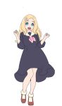  :d bangs black_dress blonde_hair blue_eyes blush bobby_socks brown_footwear dress flower forehead full_body hair_flower hair_ornament hands_up harohapi!_shinonome_megu-chan_no_oheya loafers long_hair long_sleeves nagisa_kurousagi neckerchief open_mouth parted_bangs pink_flower pink_neckwear shinonome_megu shoes simple_background smile socks solo standing standing_on_one_leg thick_eyebrows upper_teeth virtual_youtuber white_background white_legwear 