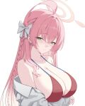  1girl absurdres bikini blue_archive bow breasts hair_bow halo hanako_(blue_archive) hanako_(swimsuit)_(blue_archive) highres large_breasts mah_si_log official_alternate_costume pink_hair pink_halo shirt simple_background solo swimsuit upper_body white_background white_shirt 