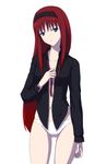  bad_id bad_pixiv_id blue_eyes breasts hairband highres long_hair melty_blood no_bra open_clothes open_shirt panties red_hair shirt small_breasts solo toono_akiha tsukihime underwear vermillion_akiha yasuko_(yg) 