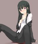  arm_support black_hair blush darker_than_black formal hazuki_mina_(darker_than_black) kuro_(be_ok) long_hair off_shoulder open_mouth pant_suit purple_eyes simple_background sitting solo suit unbuttoned 