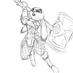  action_pose black_and_white crossover disney female judy_hopps lagomorph league_of_legends line_art mammal monochrome poppy_(lol) pose rabbit riot_games simple_background solo video_games w4g4 white_background zootopia 