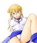  bad_id bad_pixiv_id blonde_hair blush bonnie_(rsg) breasts cleavage condom condom_in_mouth covered_nipples elbow_gloves gloves large_breasts long_hair lying mouth_hold on_back panties pantyshot school_uniform skirt solo tenjouin_asuka underwear yellow_eyes yuu-gi-ou yuu-gi-ou_gx 