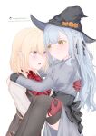  2girls arms_around_neck ascot bang_dream! bang_dream!_it's_mygo!!!!! black_hat black_ribbon black_thighhighs blonde_hair blue_hair carrying commentary fake_pointy_ears fang gloves grey_shirt hair_ribbon hand_on_another's_shoulder hat highres misumi_uika multiple_girls pointy_ears princess_carry purple_eyes red_ascot red_gloves ribbon shirt simple_background symbol-only_commentary thighhighs togawa_sakiko translation_request two_side_up white_background white_shirt witch_hat y_iris30 yellow_eyes yuri 