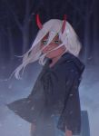  aash4i absurdres black_robe book commentary_request darling_in_the_franxx forest green_eyes hair_between_eyes highres holding holding_book horns long_hair long_sleeves looking_at_viewer nature red_skin robe silver_hair snow snowing solo spoilers standing wind winter younger zero_two_(darling_in_the_franxx) 