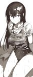  breasts commentary_request greyscale highres hips large_breasts lolicept long_hair looking_at_viewer monochrome one-piece_swimsuit original school_swimsuit shirt sitting swimsuit thighs wet wet_clothes wet_shirt wet_t-shirt 