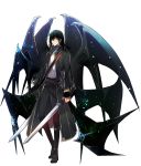  asamiyajy bat_wings black_hair black_wings boots brown_footwear closed_mouth coat copyright_request dual_wielding full_body grey_coat grey_pants holding holding_sword holding_weapon long_hair long_sleeves looking_at_viewer male_focus multiple_wings pants red_eyes shirt smile solo standing sword transparent_background weapon white_shirt wings 