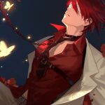 1boy black_necktie blindfold bug butterfly chain chain_leash collar highres jacket leash light_particles male_focus necktie parted_lips partially_unbuttoned red_hair red_shirt shirt sidelighting solo umineko_no_naku_koro_ni upper_body ushiromiya_battler white_jacket yellow_butterfly zhanzhan_lan 