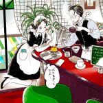  1girl apron black_eyes black_hair black_shoes blush cafe chair cherry coffee coffee_beans coffee_mug colored_skin commentary counter cup curtains drip_coffee emamemamo33 food fruit full_body glass half-closed_eyes high_heels highres holding iridescent_hair lamp long_sleeves looking_at_food maid maid_apron maid_headdress mug musical_note original pixie_cut plant pudding pumps round_eyewear shirt shoes short_hair sign signature sleeves_rolled_up slice_of_life smile speech_bubble spoken_musical_note stained_glass standing standing_on_one_leg steam striped_clothes striped_shirt thought_bubble vest white_skin 