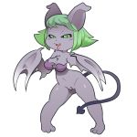  anthro bat blush breasts cleavage clothed clothing demon fangs female green_eyes green_hair hair hi_res itsunknownanon mammal membranous_wings open_mouth pussy solo spade_tail tongue tongue_out winged_arms wings 