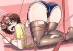  1girl ahoge all_fours ass blue_shorts blush bound breasts brown_hair brown_thighhighs eyewear_on_head flying_sweatdrops glasses green_eyes hanging_breasts highres maki_yoshitake mole mole_on_ass mole_on_breast open_mouth original partially_visible_vulva pink_background red_background red_ribbon ribbon round_eyewear shirt short_hair short_shorts short_sleeves shorts simple_background sweat teeth thighhighs thighs tied_up_(nonsexual) tongue torn_clothes torn_thighhighs two-tone_background underboob wavy_mouth yellow_shirt 