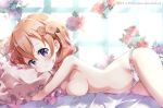  areolae bangs blush bow bow_panties breasts closed_mouth commentary_request dated eyebrows_visible_through_hair flower gochuumon_wa_usagi_desu_ka? hair_between_eyes hair_flower hair_ornament hoto_cocoa large_breasts light_brown_hair lying navel neki_(wakiko) on_stomach panties pillow pink_flower pink_rose purple_eyes purple_flower rose smile solo topless twitter_username underwear underwear_only white_panties 
