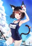  absurdres animal_ears azur_lane bada_(jksh5056) bell black_hair black_kimono black_swimsuit blue_sky cat_ears cat_mask cloud cowboy_shot day fang fox_mask highres japanese_clothes jingle_bell kimono mask mask_on_head name_tag one-piece_swimsuit one_eye_closed outdoors palm_tree red_eyes salute school_swimsuit short_hair sky solo standing stick swimsuit tail tail_bell thighhighs tree water white_legwear yamashiro_(azur_lane) 