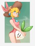  :d :o absurdres bare_arms bare_shoulders blonde_hair blue_eyes brooch cowboy_shot earrings food hair_ribbon hat highres holding holding_food jewelry leotard looking_at_viewer mario_(series) open_mouth pink_leotard princess_peach ribbon smile standing straw_hat super_mario_bros. zambiie 