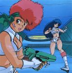  1980s_(style) 2girls blue_hair breasts brown_hair cleavage dirty_pair dokite_tsukasa earrings fingerless_gloves gloves green_eyes gun headband highres holding holding_gun holding_weapon jewelry kei_(dirty_pair) long_hair looking_at_viewer multiple_girls navel official_art open_mouth red_hair retro_artstyle short_hair weapon yuri_(dirty_pair) 