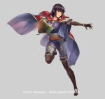  black_hair book boots bracelet brown_eyes cape company_name cuboon fire_emblem fire_emblem:_thracia_776 fire_emblem_heroes full_body gloves grey_background jewelry necklace official_art olwen_(fire_emblem) simple_background solo 