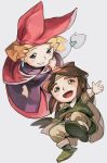  1girl :d blonde_hair blue_eyes brown_hair cape dress earrings green_footwear green_shirt grey_background hankuri hat jewelry long_hair looking_at_viewer narcia open_mouth pants pietro_pakapuka popolocrois purple_dress shirt shoes short_sleeves simple_background smile 