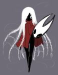  1girl absurdres artist_name black_skin cloak colored_skin commentary extra_eyes foxxarius grey_background highres holding holding_mask hollow_knight hollow_knight:_silksong horned_mask hornet_(hollow_knight) long_hair mask red_cloak solo standing unworn_mask white_hair 