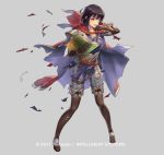  black_hair book boots bracelet brown_eyes cape company_name cuboon fire_emblem fire_emblem:_thracia_776 fire_emblem_heroes full_body gloves grey_background jewelry necklace official_art olwen_(fire_emblem) one_eye_closed simple_background solo teeth torn_clothes 