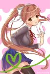  :d artist_name bangs black_legwear blazer blue_skirt blush bow breasts brown_hair commentary cowboy_shot doki_doki_literature_club envelope eyebrows_visible_through_hair green_eyes grey_jacket grin hair_bow hair_intakes heart high_ponytail holding_letter jacket letter long_hair long_sleeves looking_at_viewer love_letter medium_breasts miniskirt monika_(doki_doki_literature_club) monotsuki neck_ribbon open_mouth orange_sweater parted_lips pink_background pleated_skirt polka_dot polka_dot_background ponytail red_neckwear red_ribbon ribbon school_uniform shiny shiny_hair shirt signature simple_background skirt smile solo standing sweater teeth thighhighs white_shirt zettai_ryouiki 