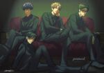  4boys :| black_hair black_jacket black_necktie black_pants black_shirt black_shoes black_suit brown_hair closed_mouth commentary_request couch crossed_legs dark dokuperorin futsuu_no_keion-bu glasses highres jacket looking_at_viewer male_focus mizuo_haruichi multiple_boys necktie official_alternate_costume official_alternate_hairstyle on_couch pants shirt shoes short_hair sitting small_pupils suit suit_jacket taguchi_ryuuya takami_kouki tohno_gen 